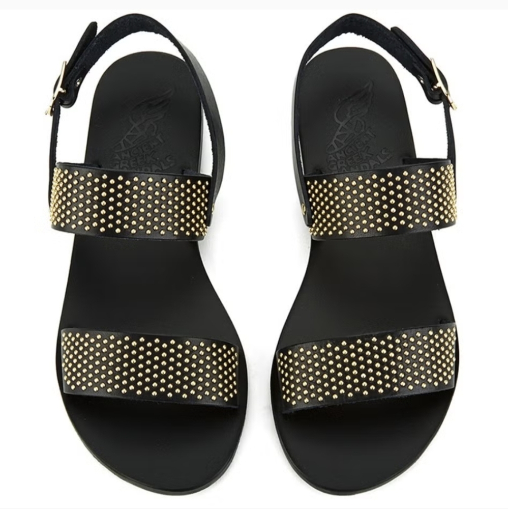 Ancient Greek Sandals Dinami Black Leather With Gold Hardware. Size 38/7.5